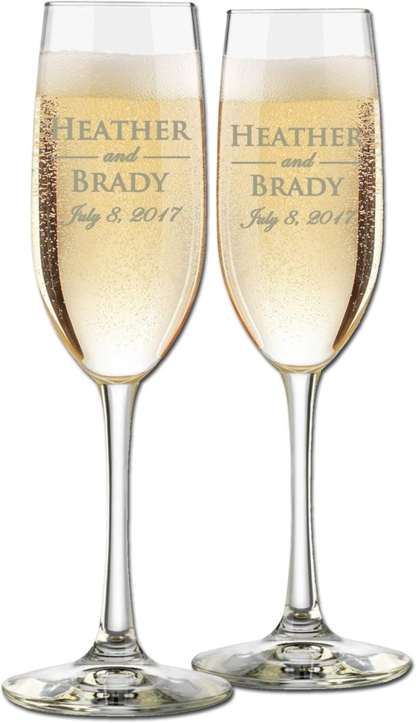 Custom Engraved Wedding Champagne Toasting Flutes - Personalized Wedding Glasses for Couple with First Names and Wedding Date - Set of 2