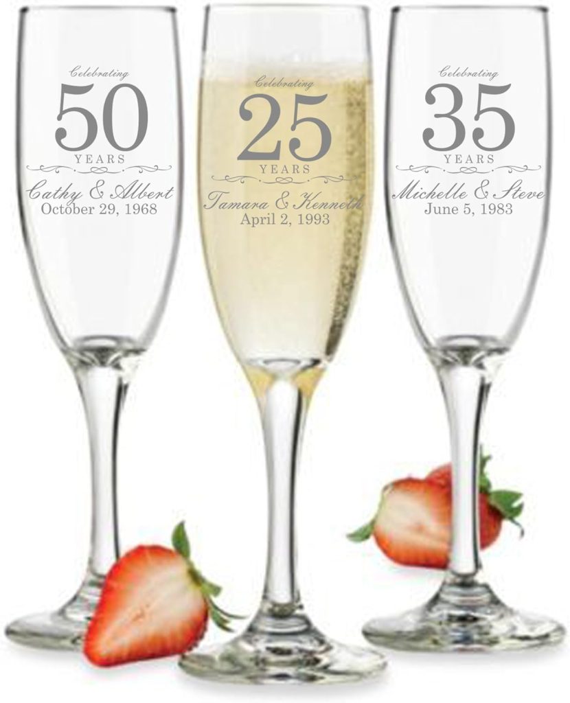 Customized Anniversary Champagne Flutes or Wine Glasses - Set of 2 - Couples Name and Wedding Date – Personalized for Anniversary Celebration - Custom Engraved (Champagne)