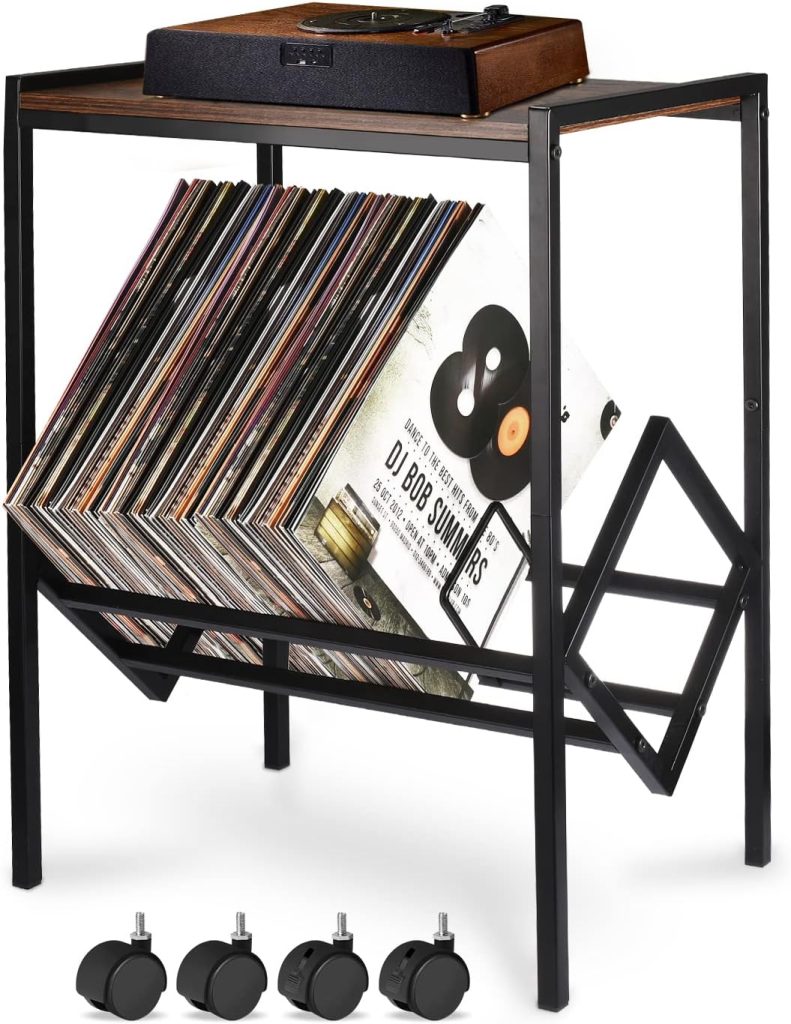 DACK Record Player Stand with Storage Up to 80 Albums,Turntable Stand with Matte Black Metal Legs, Record Player Table for Living Room Bedroom Office