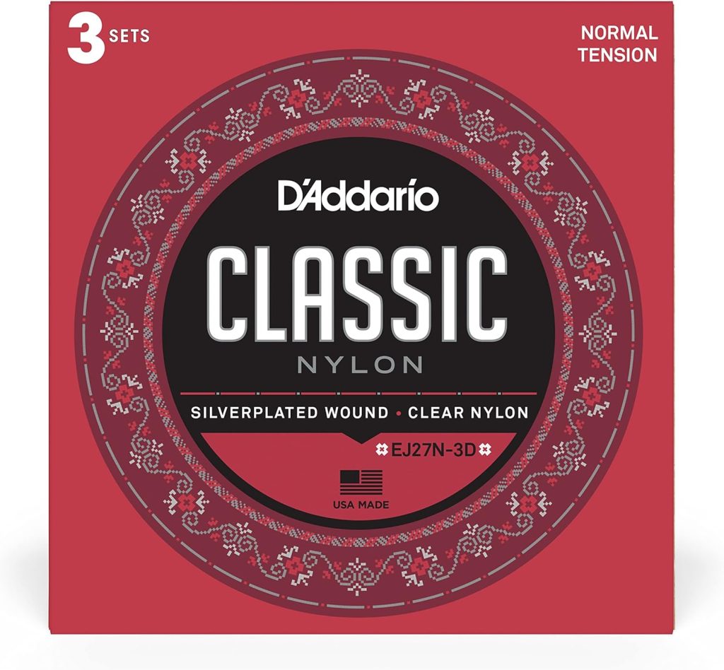 DAddario Guitar Strings - Classic Nylon Guitar Strings - EJ27N Classical Guitar Strings - Silver Plated Wrap, Nylon Core, Clear Student Nylon Trebles - Normal Tension, 3-Pack