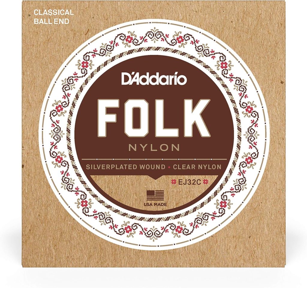 DAddario Guitar Strings - Folk Nylon Guitar Strings - EJ32 Classical Guitar Strings - Nylon Core, Ball End - Silver Plated Wrap, Black Nylon Trebles