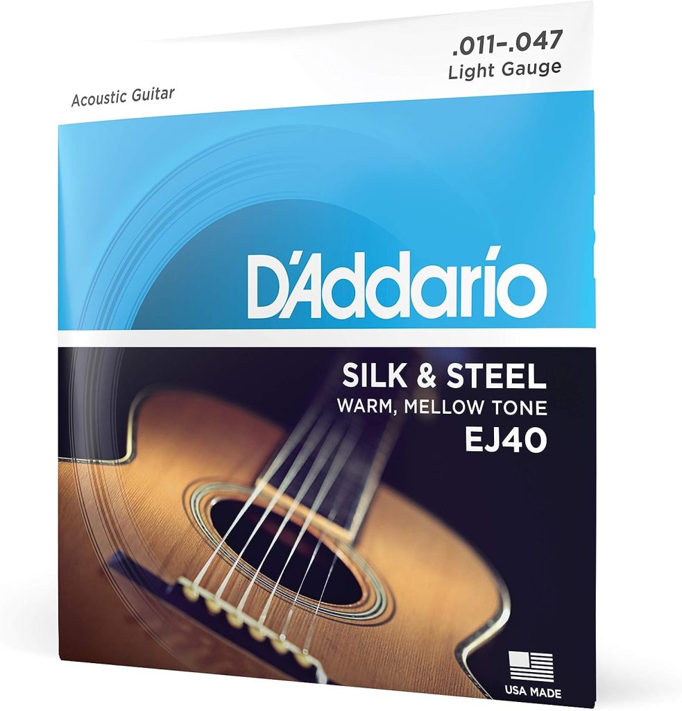 DAddario Silk  Steel Acoustic Guitar Strings - EJ40-6 String - Warm, Mellow Tone - Light, 11-47