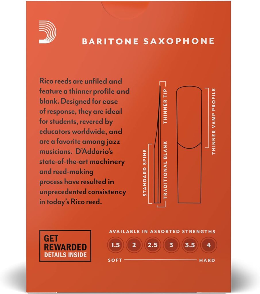 D’Addario Woodwinds Baritone Sax Reeds, Strength 3.5, 10-pack