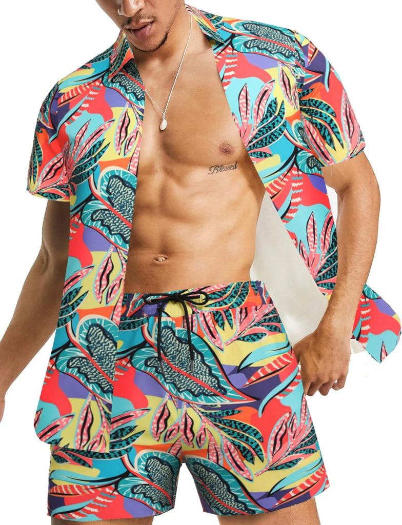 Daupanzees Mens Luxury Casual Button Down Short Sleeve Hawaiian Shirt Suits