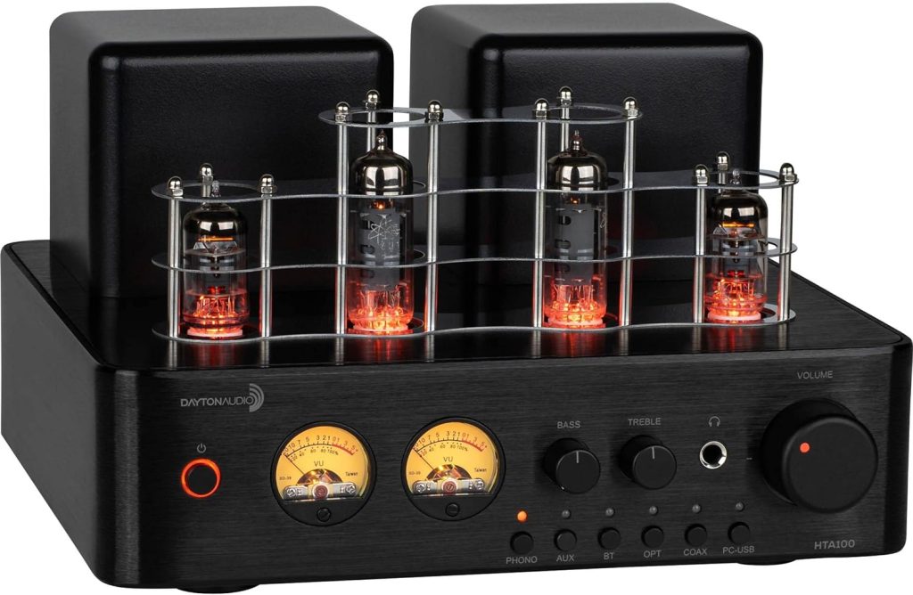 Dayton Audio HTA100 Integrated Stereo Hybrid Hi-Fi Vacuum Tube Class A/B Amplifier 100 Watts RMS with Subwoofer Output, Headphone Output, Bluetooth 5.0, with Record Player Phono Preamp and USB DAC