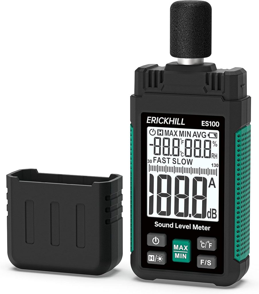 Decibel Meter, ERICKHILL ES100 Sound Level Meter 30-130dBA Portable SPL Meter with Large Backlight Display, Noise Meter with Fast/Slow MAX/MIN Data Hold for Home, Noisy Neighbor, Factory, Office