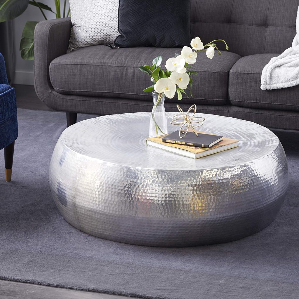 Deco 79 Aluminum Drum Shaped Coffee Table with Hammered Design, 42 x 42 x 14, Silver