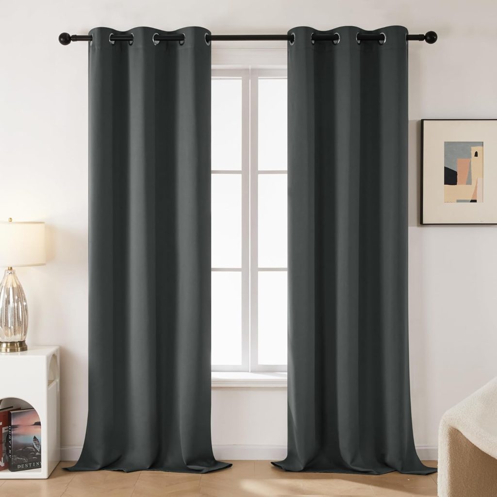 Deconovo Thermal Insulated Sound Proof Curtains for Bedroom, Energy Saving Dark Grey Blackout Curtains 84 Inch Length, 2 Panels