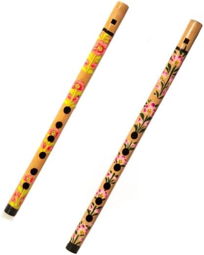 Decorative Traditional Handmade Wooden Bamboo Flute Basuri Indian Musical Instrument for gifting and Decoration (Red and Pink Flower-Set of 2)