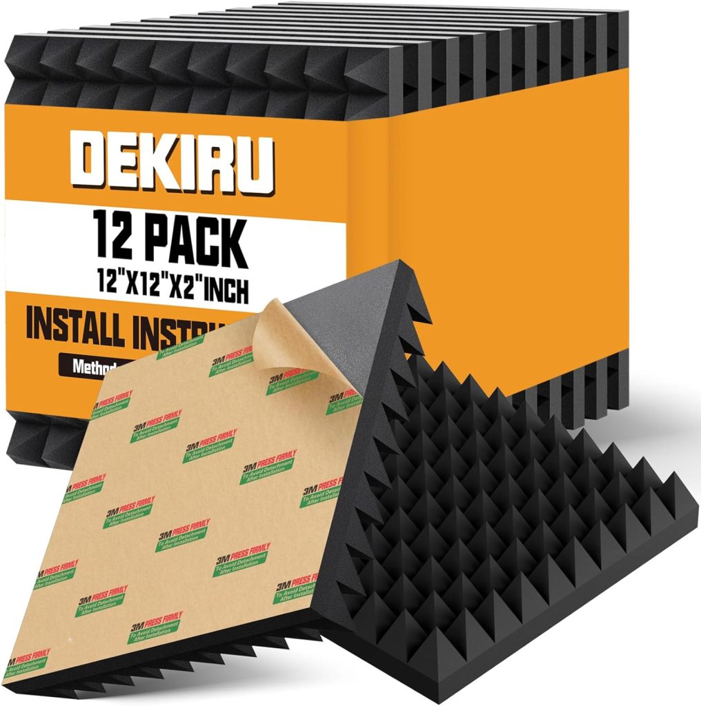 DEKIRU 12 Pack Sound Proof Foam Panels Fast Expand, Acoustic Wall Panels 2 X 12 X 12 High Density, Soundproof Wall Panels Self-adhesive Pyramid Design, Acoustic Foam For Wall Door  Ceiling