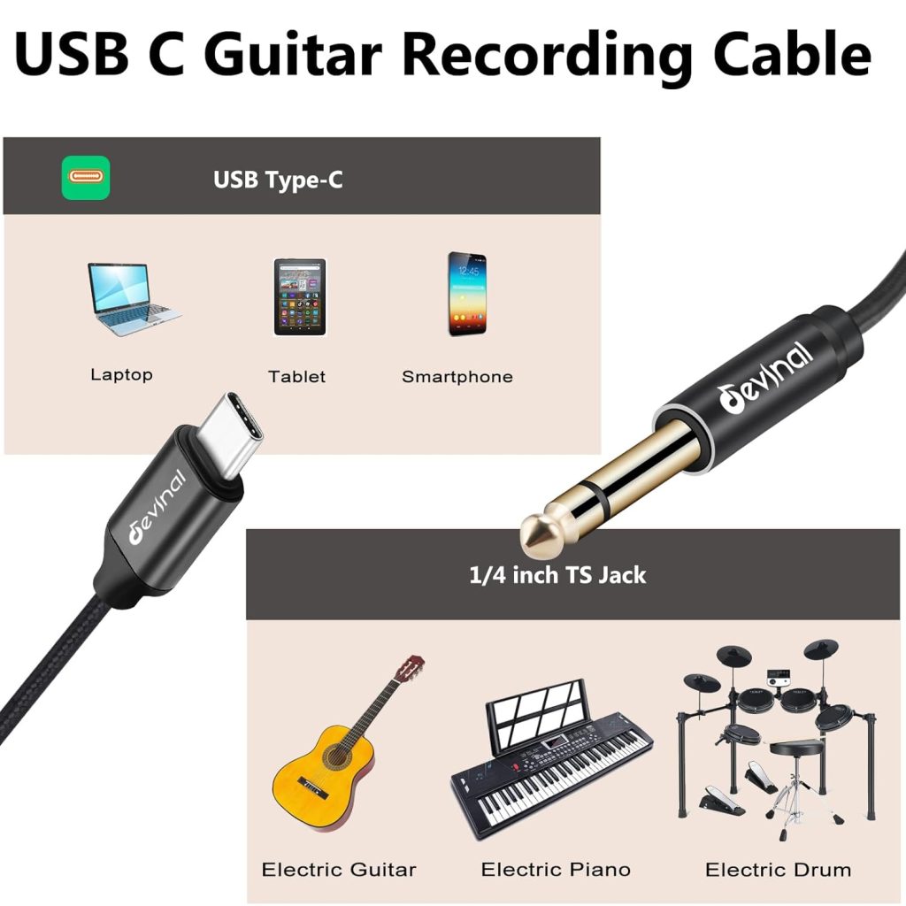 Devinal Guitar to USB C Record Cable, 1/4 inch TS to USB-C Audio Cable, 6.35mm Mono to USB Type-C Recording Cord Adapter. Gold Plated 3.3 Feet