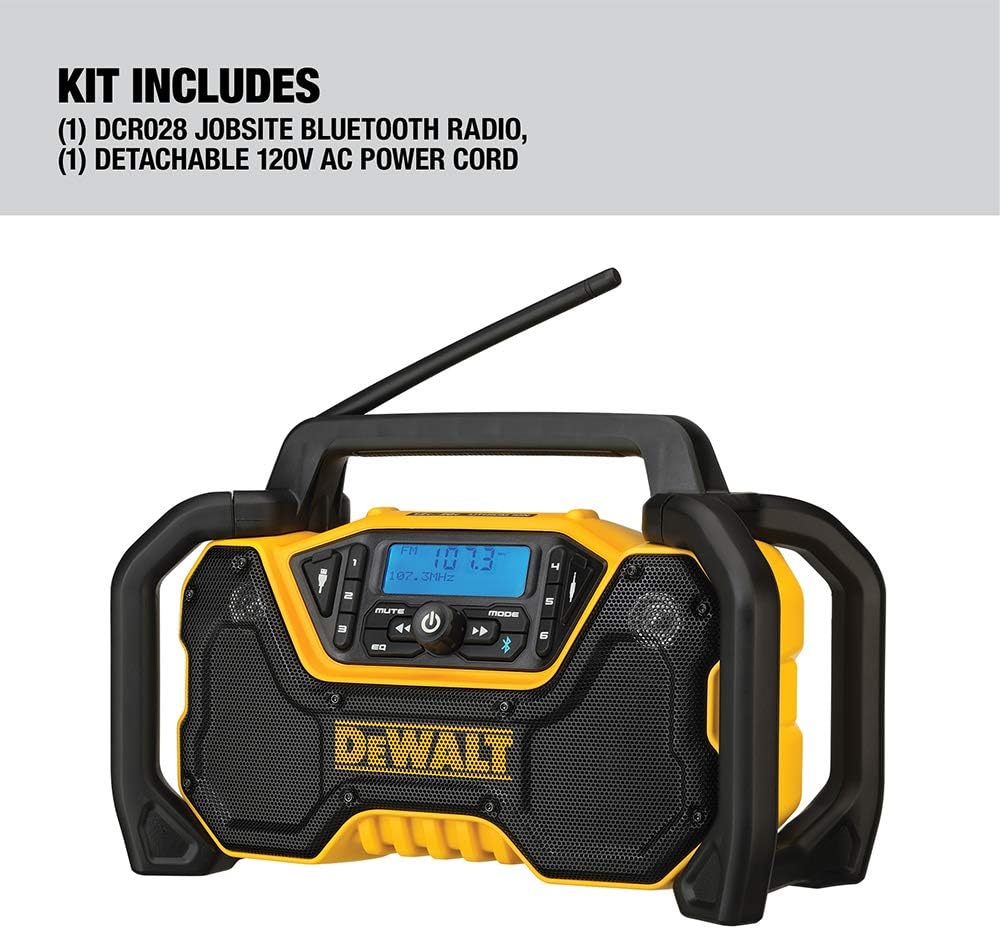 DEWALT 12V/20V MAX Portable Bluetooth Radio, Cordless, 100 ft Range, 3.5” Subwoofers, Jobsite (DCR028B)
