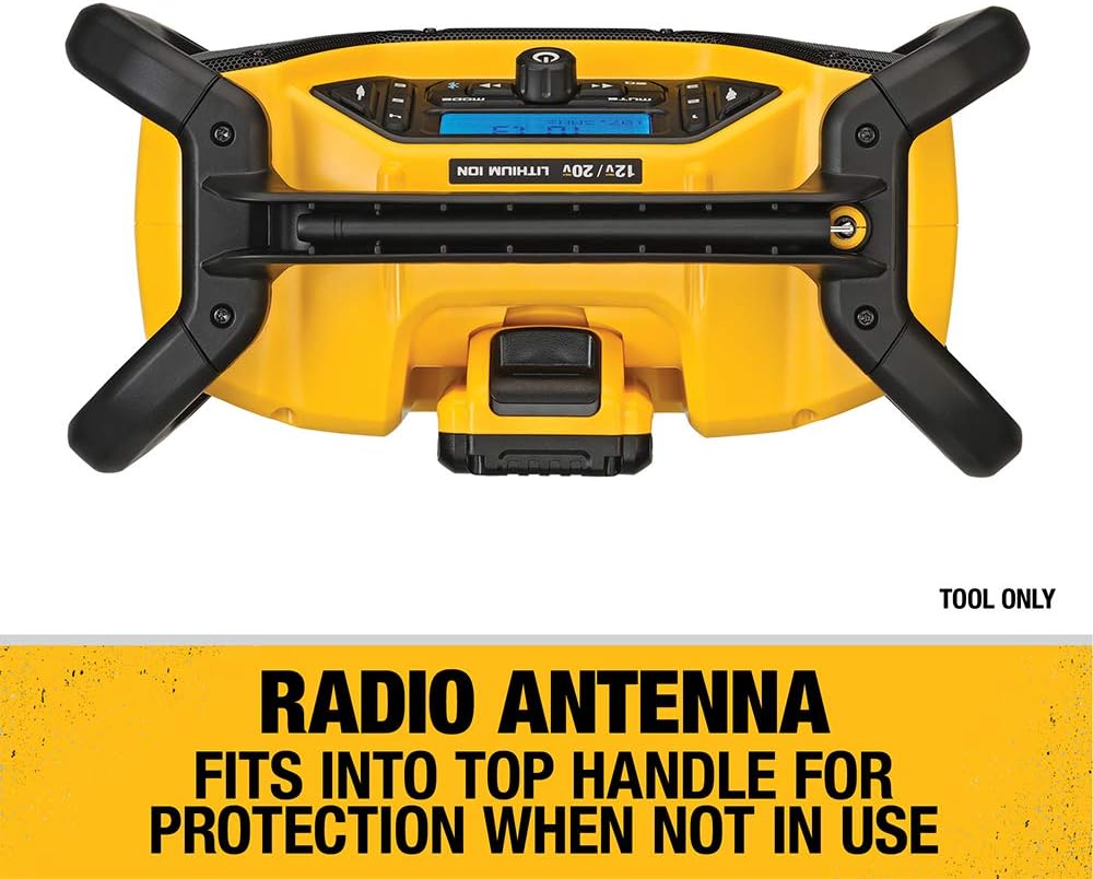 DEWALT 12V/20V MAX Portable Bluetooth Radio, Cordless, 100 ft Range, 3.5” Subwoofers, Jobsite (DCR028B)