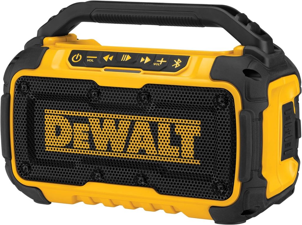 DEWALT 20V MAX Bluetooth Speaker, 100 ft Range, Durable for Jobsites, Phone Holder Included, Lasts 8-10 Hours with Single Charge (DCR010), Yellow/Black