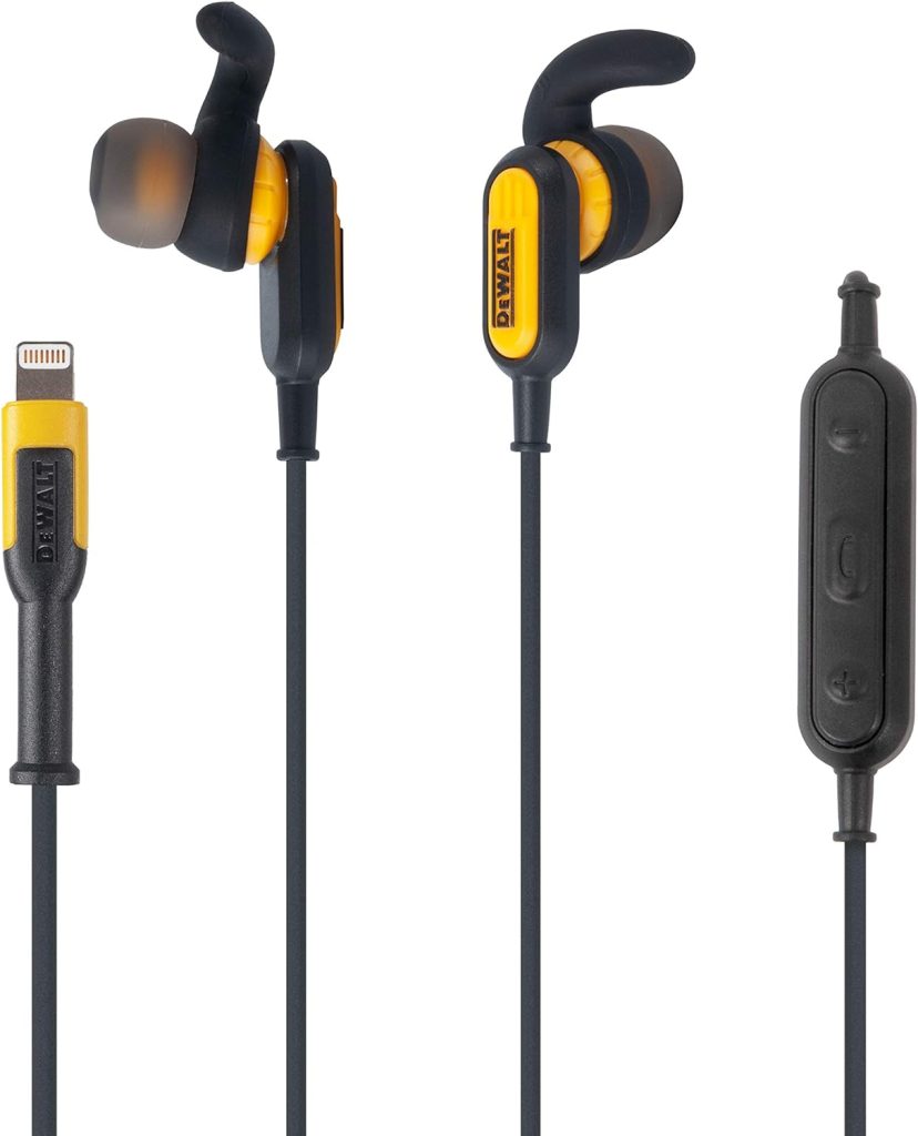 DEWALT Earphones for Lightning — Apple Compatible Wired Headphones — Jobsite Water-Resistant Earphones for iPhone — Wired Headphones for iPhone