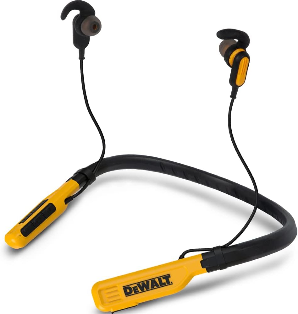 DEWALT Wireless Bluetooth Neckband Headphones — Neckband Earphones with 15H Playtime — Noise-Isolating Wireless Earbuds — Jobsite Pro Built-in Mic for Crystal-Clear Calls