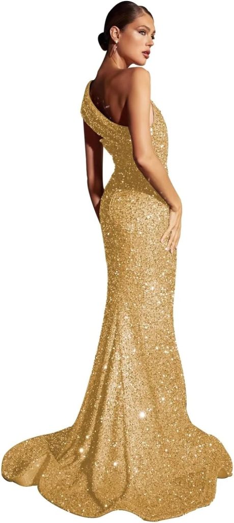 Dexinyuan Mermaid Prom Dresses for Women 2023 Long Sequin One Shoulder Trumpet Bodycon Elegant Formal Evening Gowns