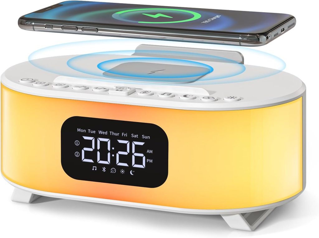 Digital Alarm Clock, Bluetooth Speaker, Wireless Charger, Dual Alarms with Snooze  Natural Sounds, Adjustable Night Light for Bedroom with 12 Colors, Ideal Gift for Kids, Heavy Sleepers, Elders : Electronics