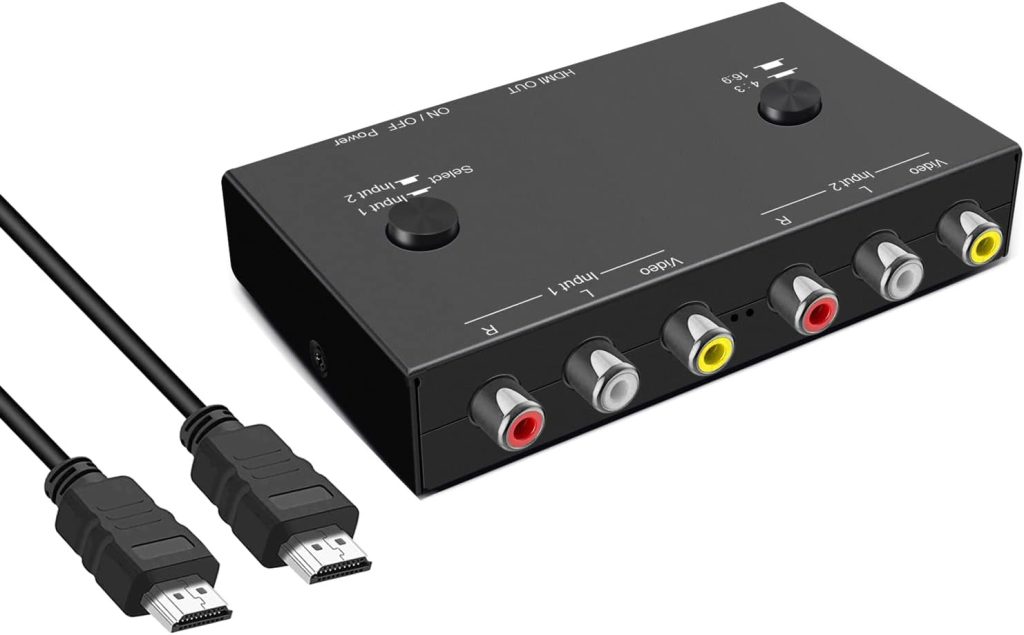 Dingsun 2 Port RCA to HDMI Converter Dual AV to HDMI Adapter RCA to HDMI Adapter Support 16:9/4:3 Compatible with WII, N64, PS2, VHS, VCR DVD Players etc(2 Port AV Input 1 HDMI Output)