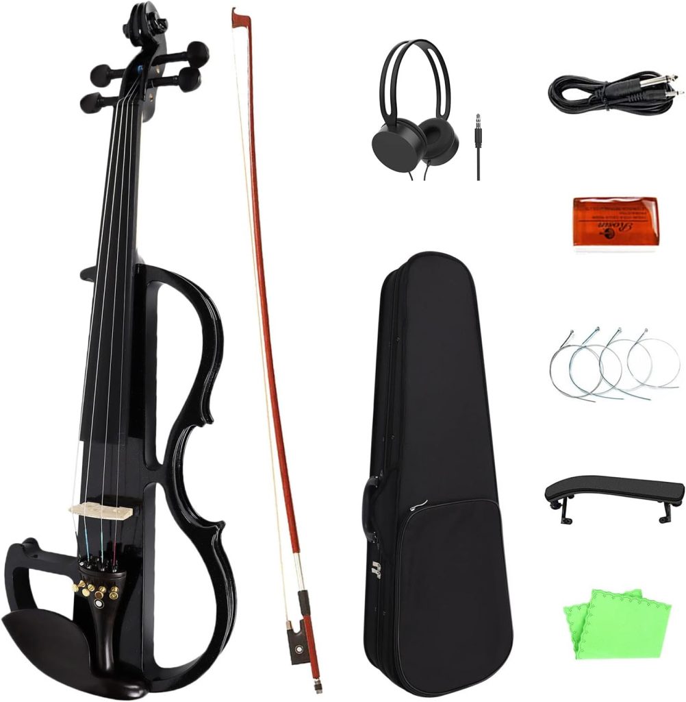 Diorrin Full Size Electric Violin Set, 4/4 Solid Wood Silent Fiddle for Beginners, Black Metallic Varnish with Ebony Fittings