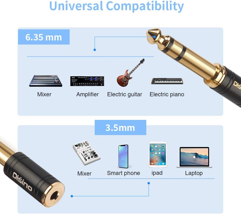 Disino 1/4 Mono to 1/8 Stereo Adapter, New Upgrade Gold-Plated 6.35mm TS Male Jack to 3.5mm TRS Female Stereo Adapter for Headphone, Amp Adapte, Black - 1 Pack