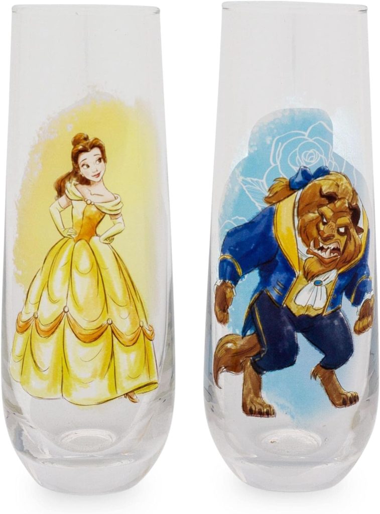 Disney Beauty and the Beast 9-Ounce Stemless Fluted Glassware, Set of 2 | Toasting Champagne Glass Cups For Wine, Mimosas, Cocktails | Home Bar  Kitchen Essentials, Cute Housewarming Couples Gifts