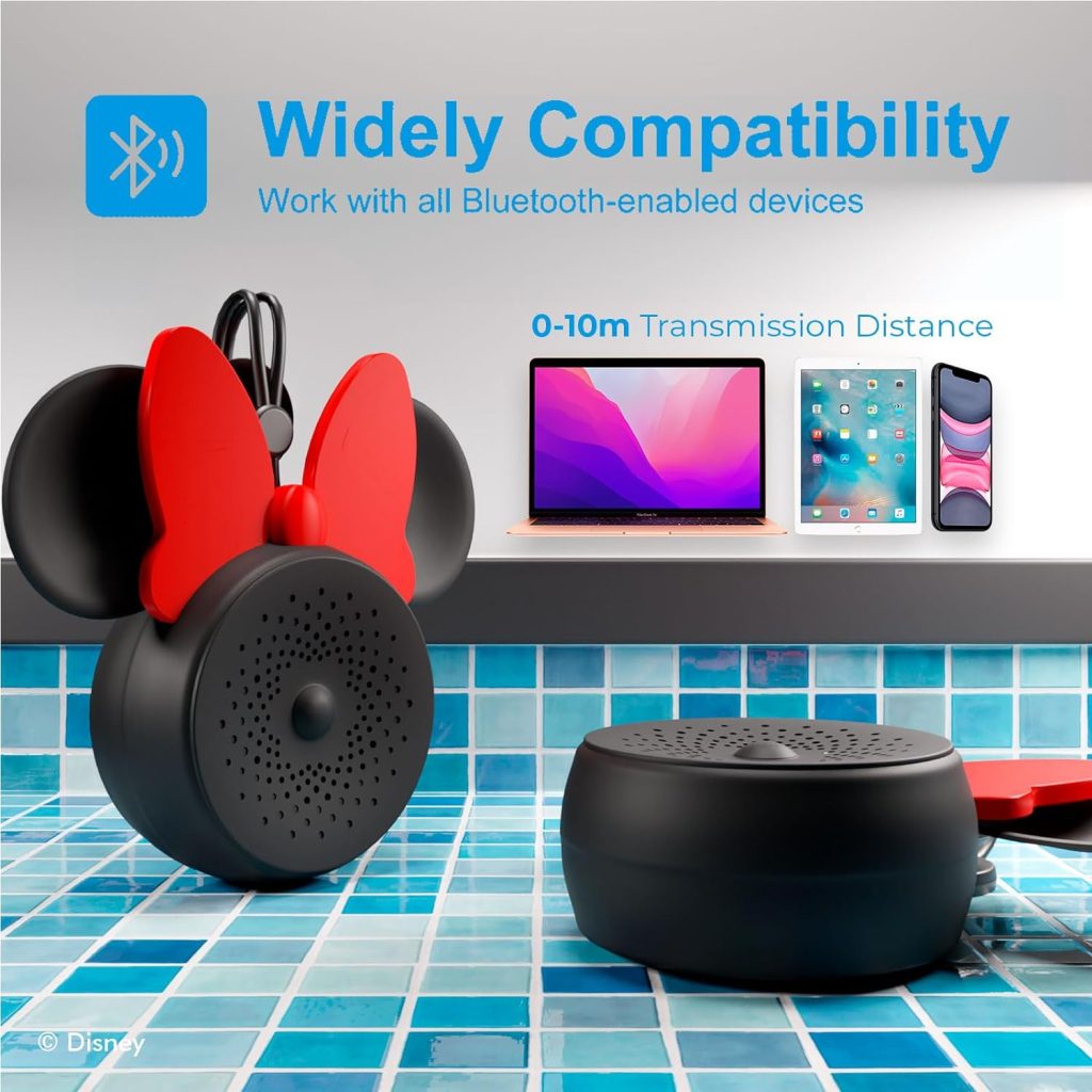 Disney Minnie Mouse Ears Bluetooth Shower Speaker with Suction Cup – Disney IPX4 Rated Water Resistant Speaker for Shower, Baths| Up to 5 HRs Playtime, Built in Button Controls and Mic for Phone Calls