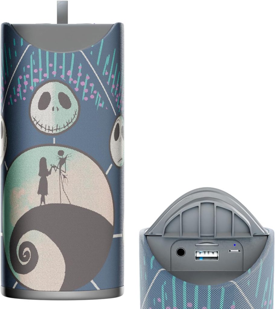 Disney Tim Burton’s The Nightmare Before Christmas Bluetooth Speaker- Jack and Sally Splashproof Wireless Speaker W/ 3 Hrs Playtime/SD Slot/FM Radio- Jack Skellington Gifts for Women, Men and All Fans