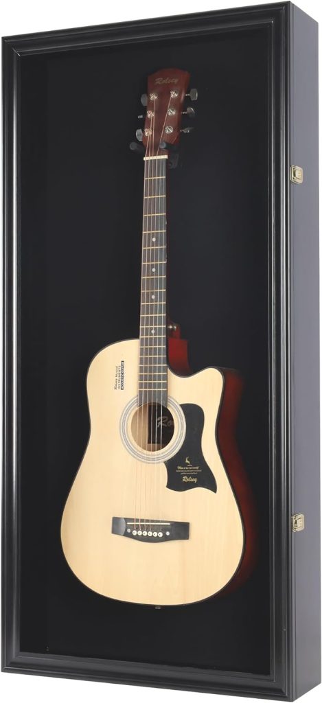 DisplayGifts 42 Acoustic Guitar Solid Wood Frame Display Case Shadow Box Lockable Wall Mountable Cabinet Black Felt Black Finish