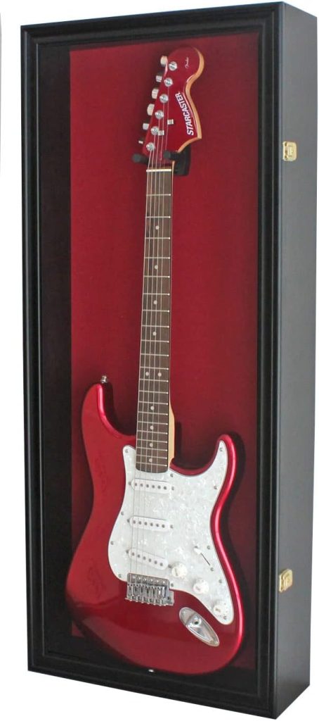 DisplayGifts 42 Electric Guitar Display Case Cabinet Shadow Box with Guitar Hanger Stand, Lockable UV Protection Red Color Felt Interior with Solid Wood Black Frame