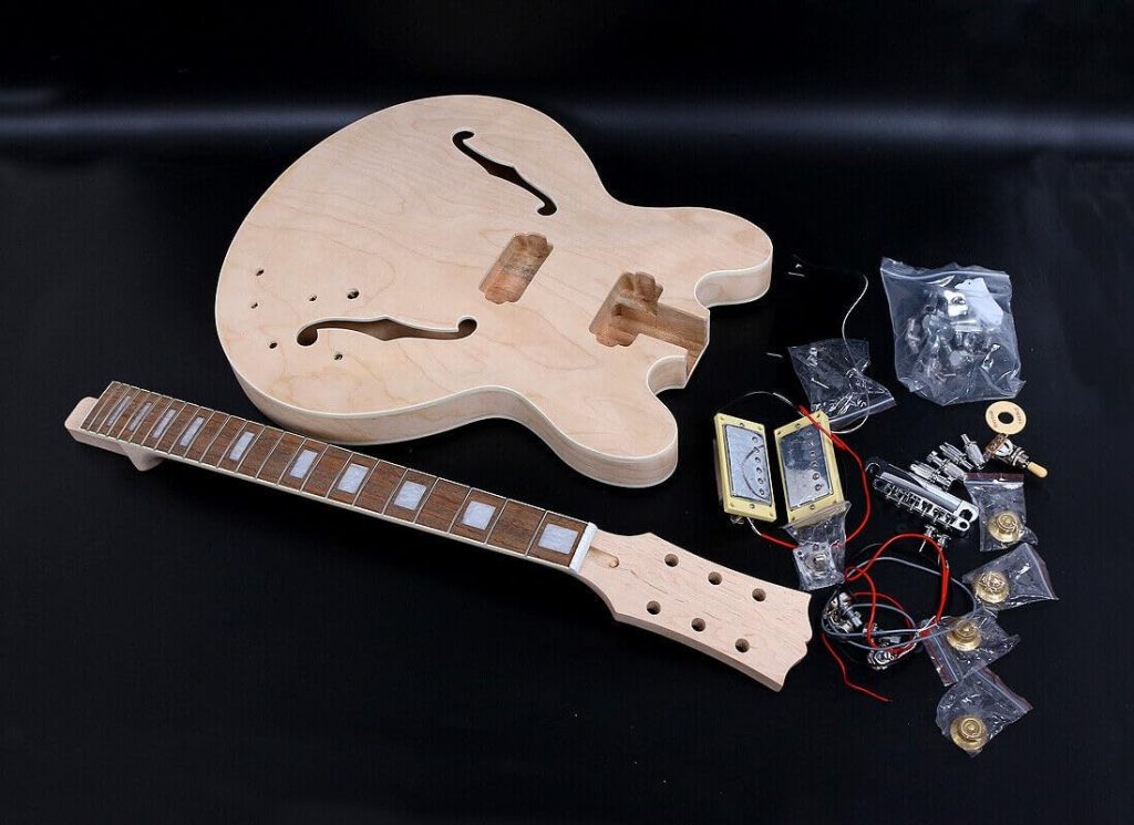 DIY Electric Guitar Kits 3-ply Wood Maple Cap Hollow Guitar Body Blank,Mahogany Guitar Neck  Rosewood Fretboard Unfinished With Electric Hardwares All Parts Included