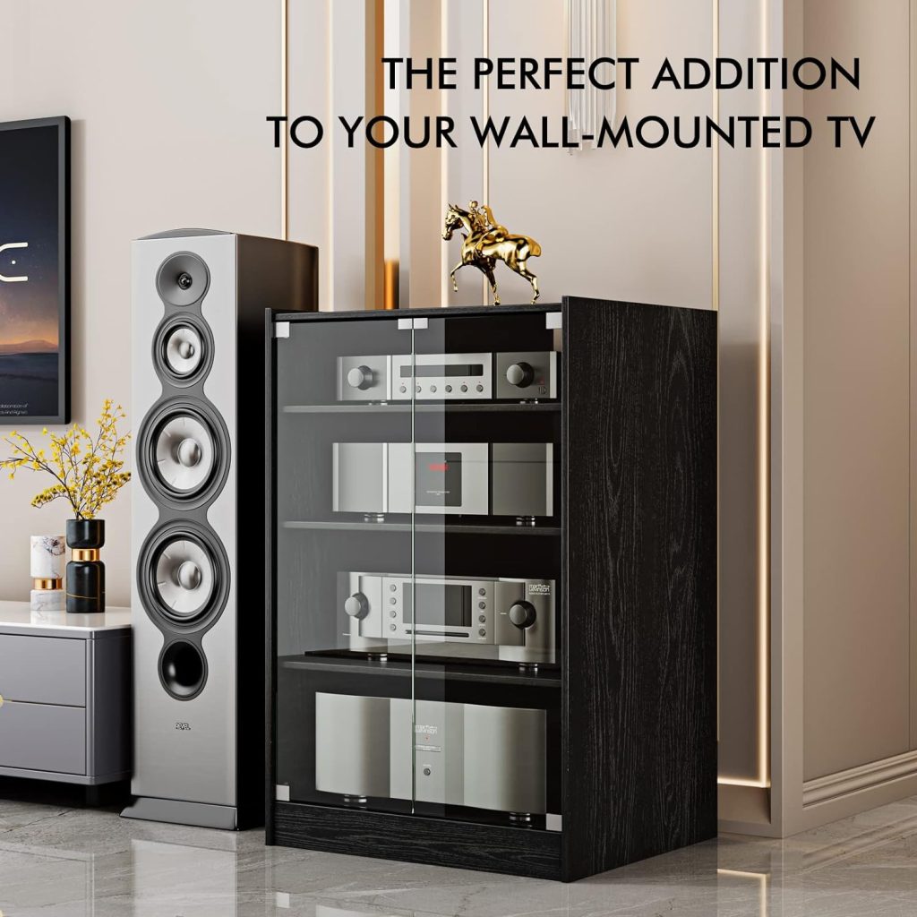DOLILO Media Storage Cabinet, Audio Video Media Stand Cabinet with 4 Shelves, Modern AV Cabinet with Glass Doors, Storage for Entertainment Stereo Component, Modern TV Cabinet, Media Cabinet