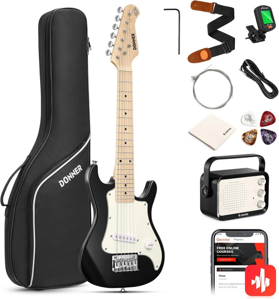 Donner 30 Inch Kids Electric Guitar Beginner Kits ST Style Mini Electric Guitar for Boys Girls with Amp, 600D Bag, Tuner, Picks, Cable, Strap, Extra Strings, DSJ-100, Black