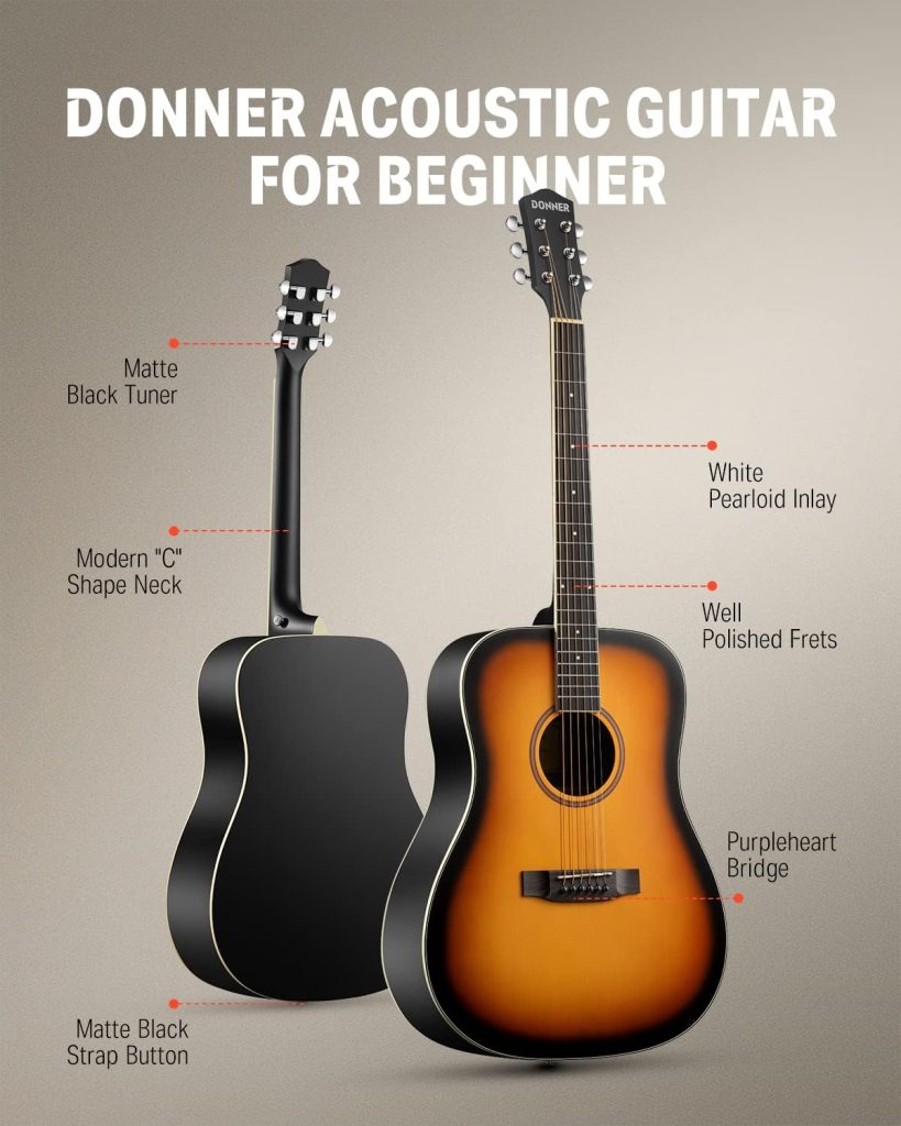 Donner Acoustic Guitar for Beginner Adult Full Size Dreadnought Acustica Guitarra Starter Bundle Kit with Gig Bag Strap Tuner Capo Pickguard String 4 Picks Cloth, Right Hand 41 Inch Natural, DAG-1