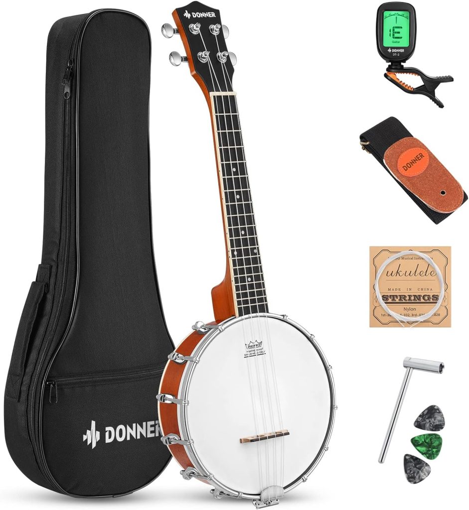 Donner Banjolele 4 String Banjo Ukulele kit Stringed Musical Instruments for Adult Beginner with Banjo Tuners, Gig Bag, Picks, Skeleton 23 Inch Sapele