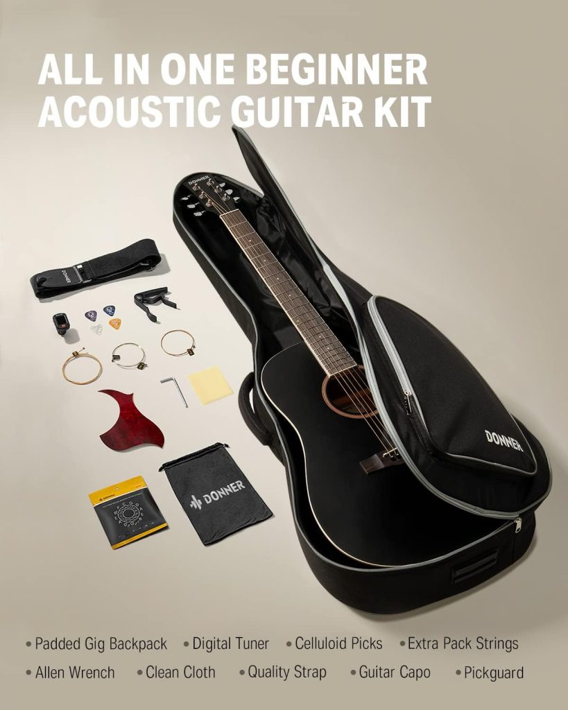 Donner Black Acoustic Guitar for Beginner Adult Full Size Cutaway Acustica Guitarra Bundle Kit with Free Online Lesson Gig Bag Strap Tuner Capo Pickguard Pick, Right Hand 41”, DAG-1CB/DAD-160CD