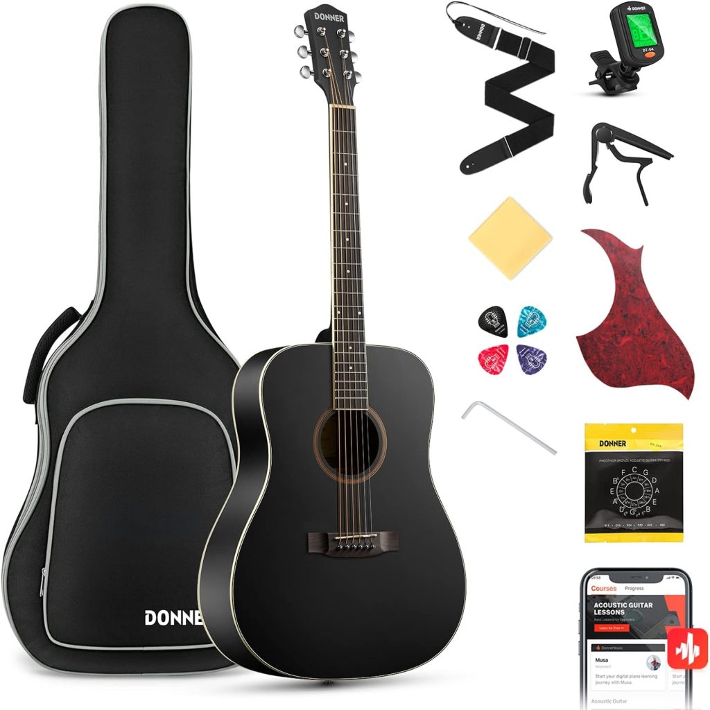 Donner Black Acoustic Guitar for Beginner Adult with Free Online Lesson Full Size Dreadnought Acustica Guitarra Bundle Kit with Bag Strap Tuner Capo Pickguard Pick, Right Hand 41 Inch, DAG-1B/DAD-160D