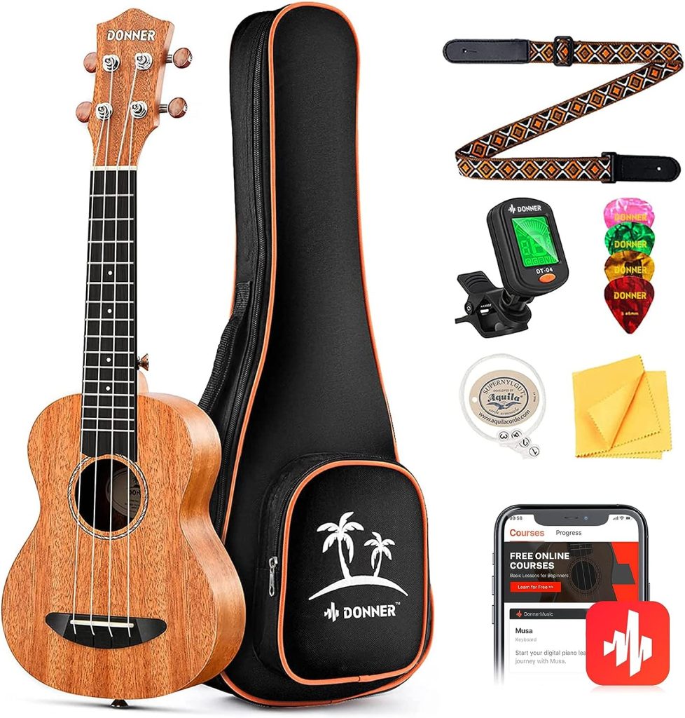 Donner Concert Ukulele Beginner Mahogany 23 Inch Ukelele Starter Bundle Kit with Free Online Lesson Gig Bag Strap Nylon String Tuner Picks Cloth DUC-1 Professional Ukalalee Yukalalee Gift