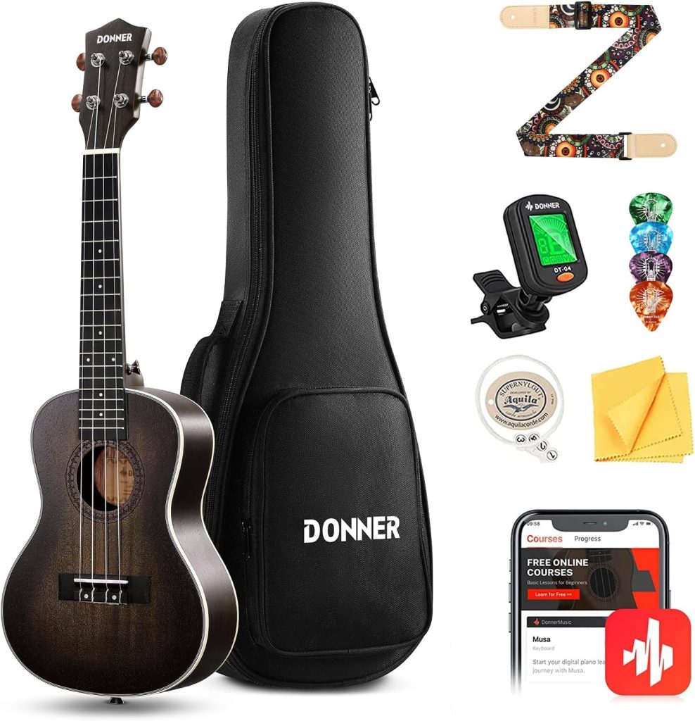 Donner Concert Ukulele Professional 23 Inch Mahogany Ukelele for Kid Adult Beginner Ukele Bundle with Online Lesson Gig Bag Aquila String Pick Tuner Strap Cloth DUC-200D Dark