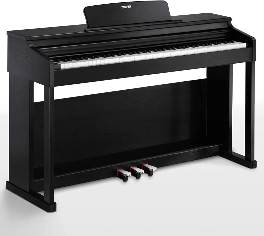 Donner DDP-100 88-Key Weighted Action Digital Piano for Beginner Bundle with Piano Keyboard Stand, Power Adapter, Triple Pedals, MP3 Function, USB-MIDI, 2 Headphone Jacks Black