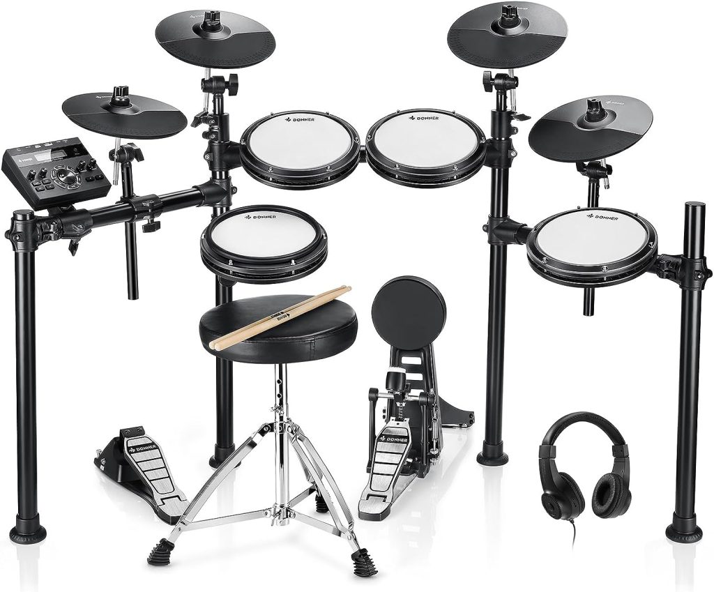 Donner DED-200 Electronic Drum Set, Electric Drum Kit with Quiet Mesh Drum Pads, 2 Cymbals w/Choke, 31 Kits and 450+ Sounds, Throne, Headphones, Sticks, USB MIDI, Melodics Lessons (5 Pads, 4 Cymbals)