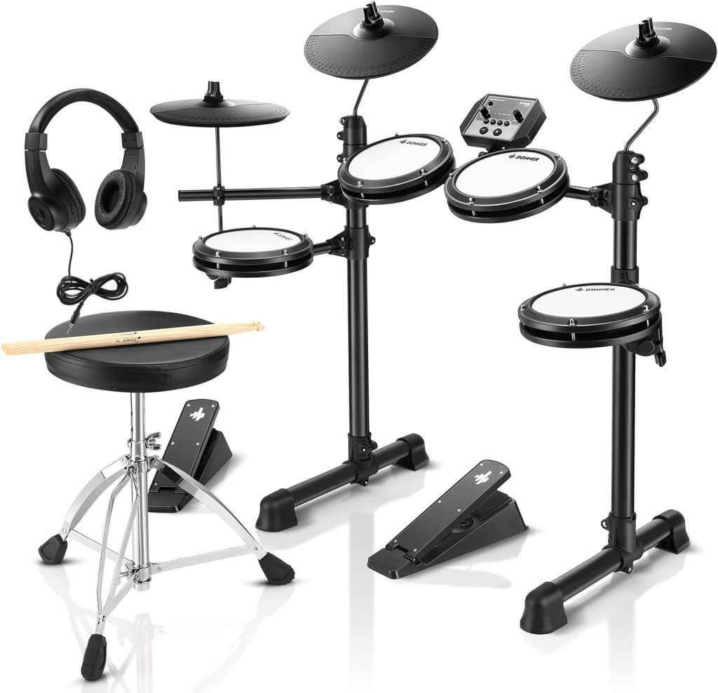 Donner DED-80 Electronic Drum Set, Electric Drum Set for Beginner with 4 Quiet Mesh Drum Pads, 2 Switch Pedal, 180+ Sounds, Throne, On-Ear Headphones, Sticks, and Melodics Lessons Included