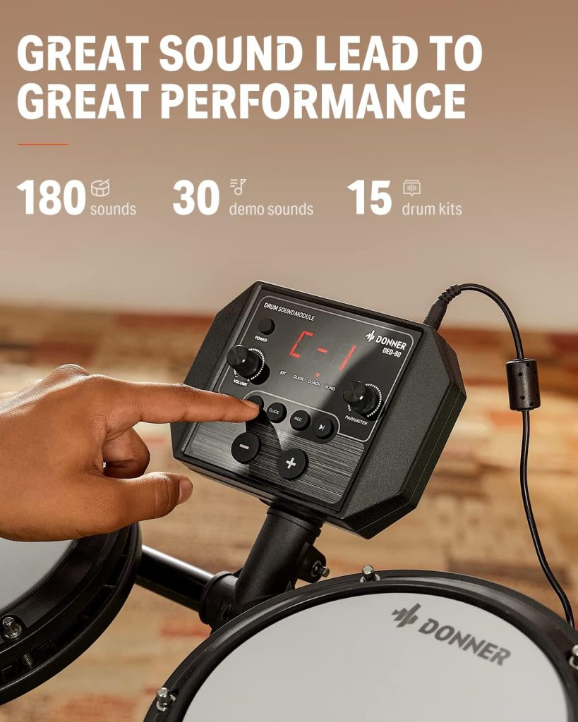 Donner DED-80 Electronic Drum Set, Electric Drum Set for Beginner with 4 Quiet Mesh Drum Pads, 2 Switch Pedal, 180+ Sounds, Throne, On-Ear Headphones, Sticks, and Melodics Lessons Included