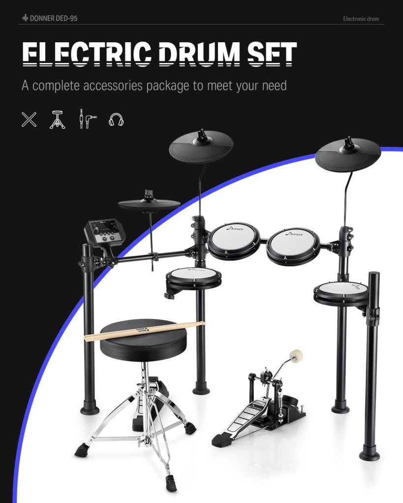 Donner DED-95 Electric Drum Set, Electronic Drum Kit for Beginner with Kick Drum, 180 Sounds, Quiet Mesh Drum Set with Drum Throne, Sticks Headphone, and 40 Melodics Lessons Black