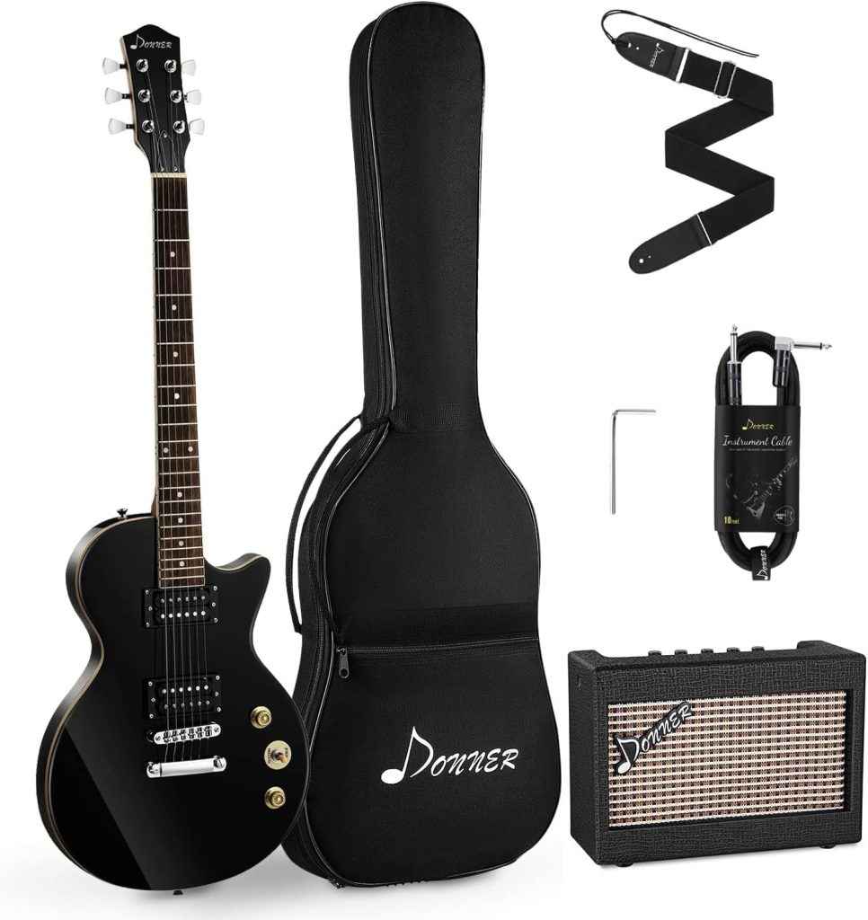 Donner DLP-124B Solid Body Full-Size 39 Inch LP Electric Guitar Kit Black, with Donner 3 Watt Mini Electric Guitar Amplifier, Bag, Strap, Cable, for Beginner Starter