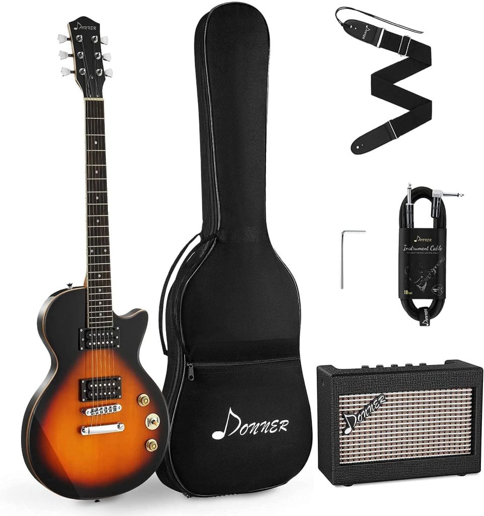 Donner DLP-124S Solid Body Full-Size 39 Inch LP Electric Guitar Kit Sunburst Yellow, with Mini 3 Watt Electric Guitar Amp,Bag, Strap, Cable, for Beginner