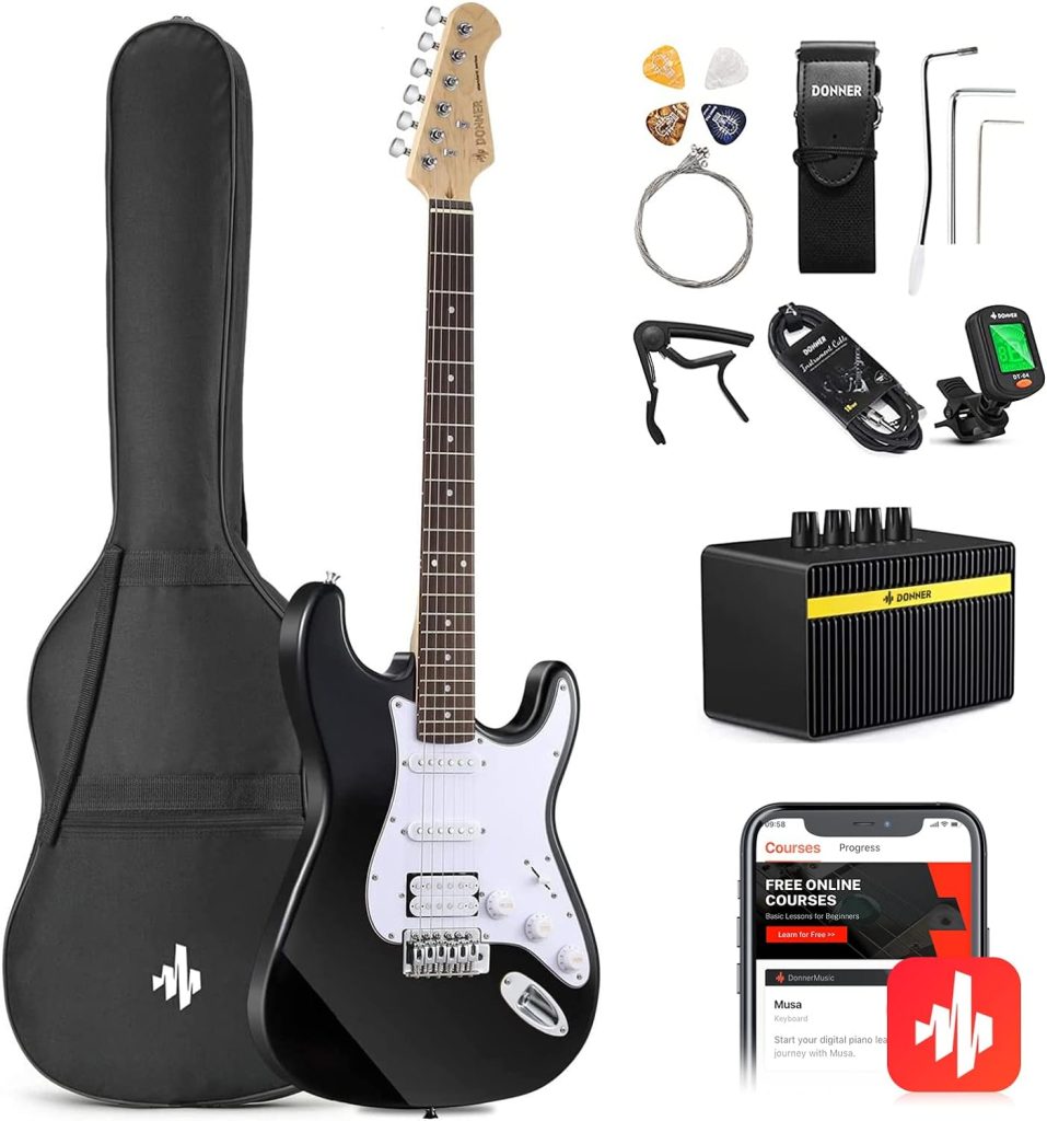 Donner DST-100B 39 Inch Electric Guitar Beginner Kit Solid Body Full Size Black HSS for Starter, with Amplifier, Bag, Digital Tuner, Capo, Strap, String,Cable, Picks