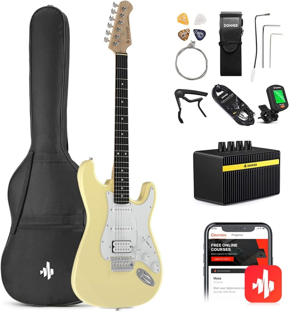 Donner DST-100B 39 Inch Electric Guitar Beginner Kit Solid Body Full Size Black HSS for Starter, with Amplifier, Bag, Digital Tuner, Capo, Strap, String,Cable, Picks