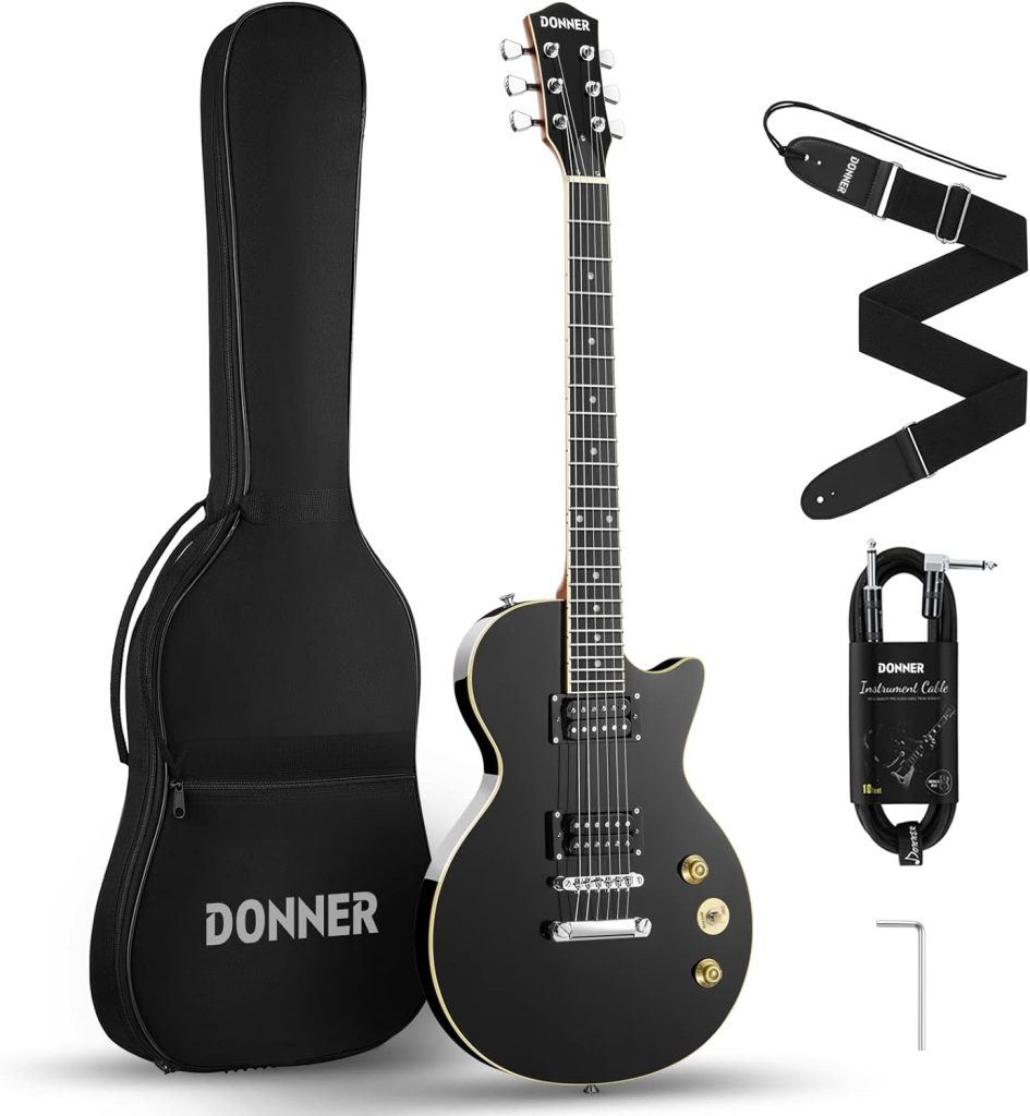 Donner Electric Guitar LP Solid Body, Full-Size 39 Inch Electric Guitar Beginner Kit Black with Bag, Cable, Strap, DLP-124B