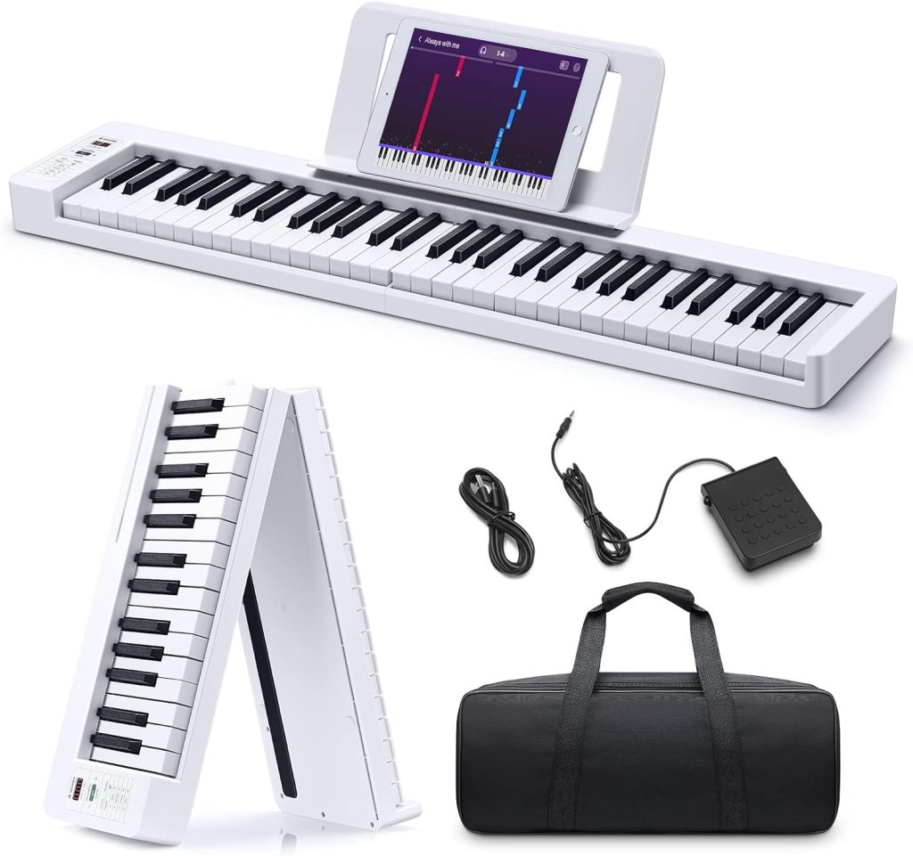 Donner Folding Bluetooth Piano Keyboard, 61 Keys Sensitive Travel Piano Keyboard for Beginner, Portable Music Keyboard with Music Rest, Piano Bag, Piano Pedal, Piano APP, DP-06 White